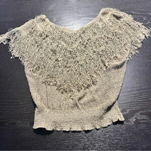 Textured Fringe V-Neck Sweater Top in Taupe